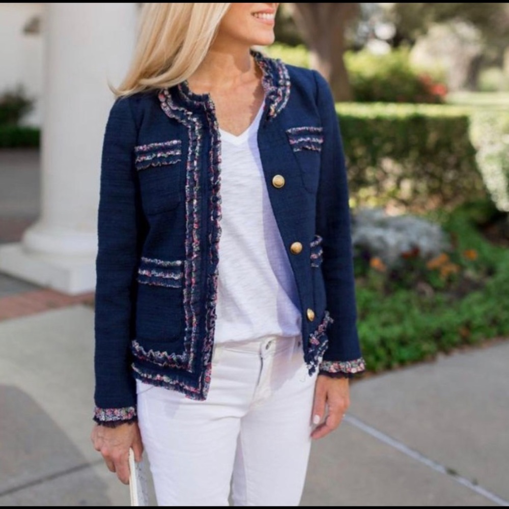 J Crew Liberty Tweed Navy Floral Ruffle Blazer